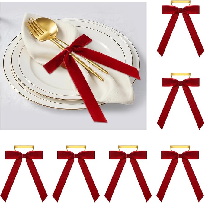 Riceshoot Velvet Bow Napkin Rings Bows with Gold Semicircle Metal Napkin Ring Velvet Bow Holder for Wine Bottles Table Settings Candlestick Wedding Valentine's Day Dinner(Claret Red,6 Pcs)