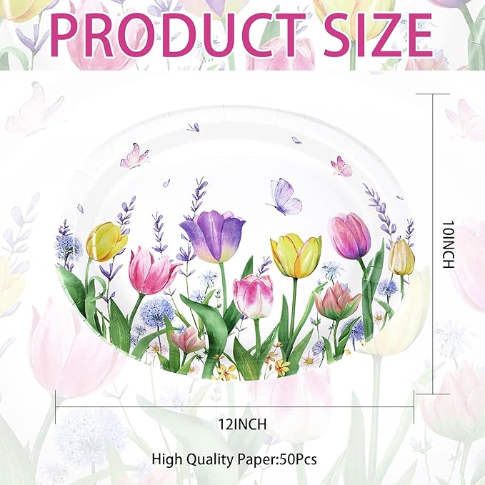 50 Pcs Tulip Oval Paper Plates Large 10" x 12" Tulip Lavender Floral Plates Disposable Heavy Duty Butterfly Flower Plates for Easter Spring Wedding Bridal Baby Shower Decor Birthday Tea Party Supplies