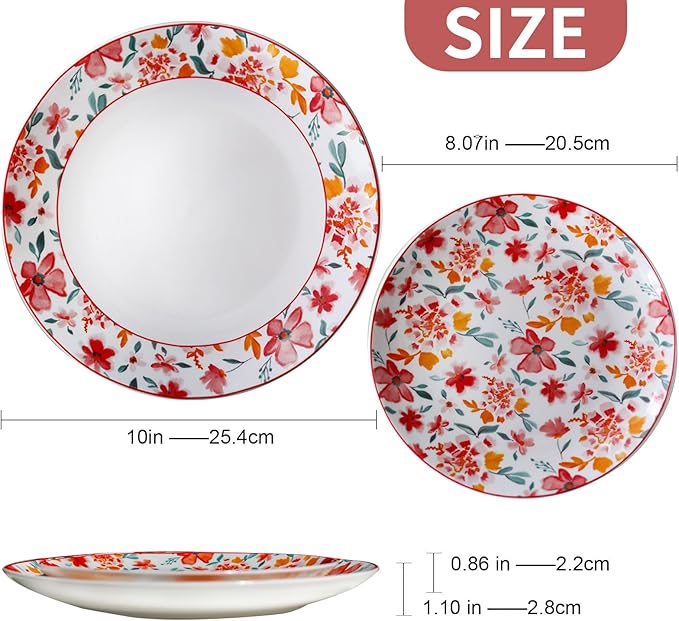 Porcelain Floral Plates 8 Inches &10 Inches 4 Pieces Total,Ceramic Dessert Plate,Appetizer Salad Plate Set, Dinnerware Dinner Plates for Kitchen,Cake Snacks