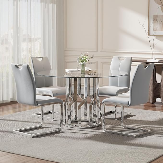 47.2" Round Glass Dining Table Set for 4, Modern 5 Piece Kitchen Table Set with Silver Stainless Steel Base & 4 PU Leather Accent Chairs, Saving Space, Dining Set for Apartment, Home - Grey Chair