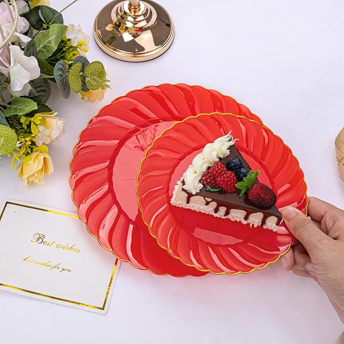 U-QE 100PCS Red Plastic Plates - Heavy Duty Red Plates Disposable for Party with Gold Rim - Include 50PCS 9inch Dinner Plates and 50PCS 6inch Dessert/Salad Plates for Party