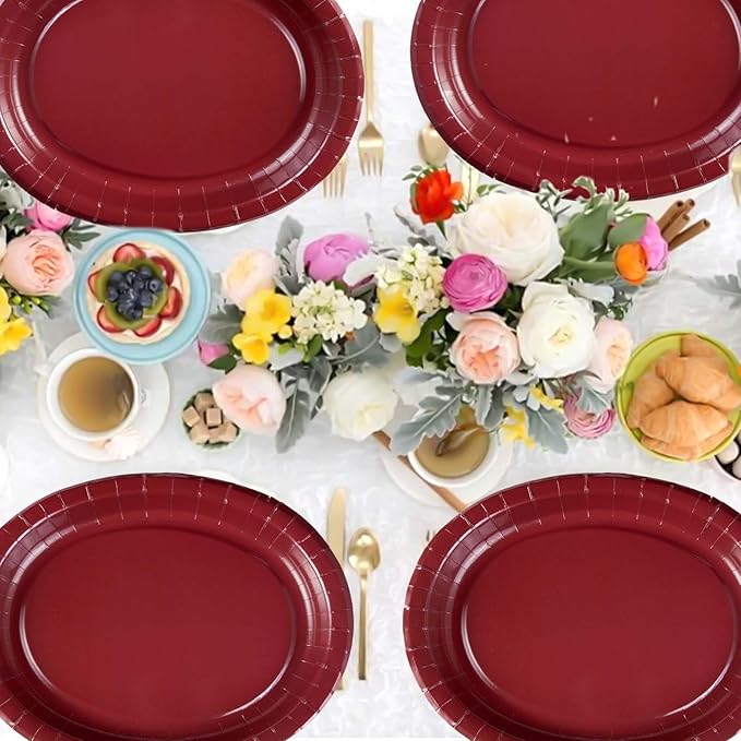 50Pcs Burgundy Oval Paper Plates 10" x 12" Heavy Duty Maroon Wine Dark Red Party Disposable Plates Valentines Day Dessert Platter for Anniversaries Wedding Birthday Holiday Party Supplies Decoration