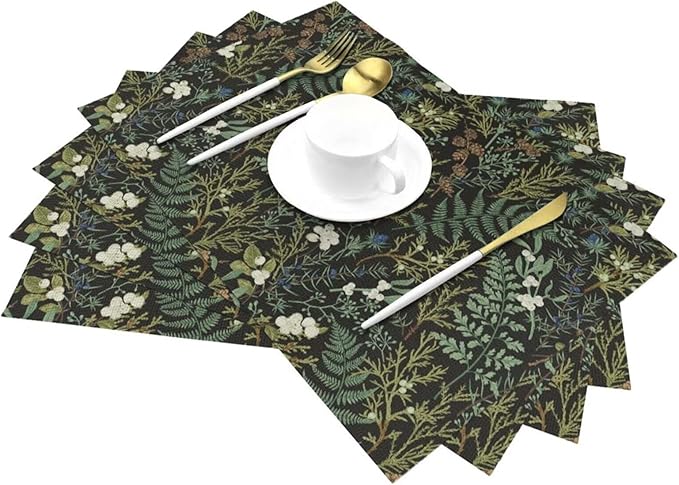 Botanical Print Floral Placemats Set of 6 Black Sage Green Spring Flower Plant Wipeable Table Mats Reusable Washable PVC Rectangle Place Mats for Kitchen Dining Home Decor 12x18 Inches