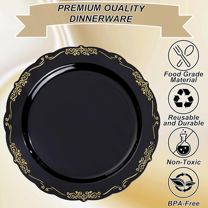 U-QE 100PCS Black and Gold Plastic Plates - Heavy Duty Black Disposable Plates Including 50PCS 10'' Dinner Plates & 50PCS 7.5'' Dessert Plates - Hard Plastic Plates for Party