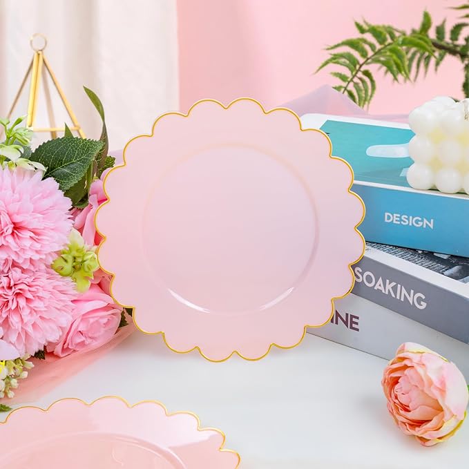 LIYH 100 Pcs 7.5" Pink Plastic Plates with Gold Disposable Pink Dessert Plates Gold Plastic Plate,Baby Shower Plate Set Suitable for Weddings Bridal Showers Afternoon Tea Valentine's Day Mother's Day