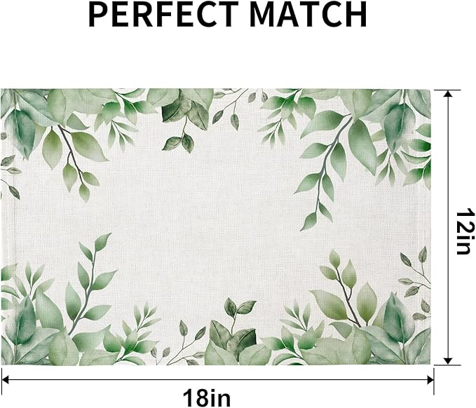 QIYI Boho Placemats Set of 6, 12x18 Inch Linen Fabric Place Mats for Kitchen Dinning, Farmhouse Rustic Cloth Table Mats, Washable Placemat Watercolor Foliage Party Table Décor, Green Leaves Border