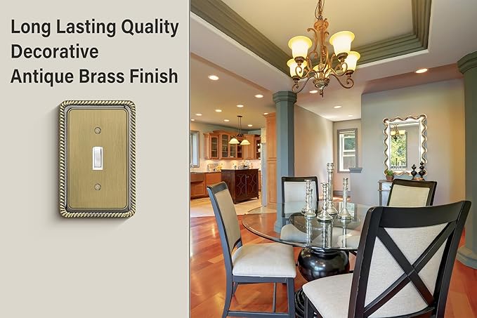 Henne Bery Rope Edge Decorative Wall Plate Switch Plate Outlet Cover (Single Toggle, 2 Pack, Antique Brass)