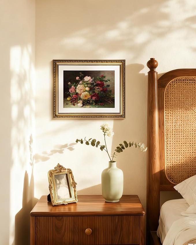 InSimSea Gold Framed Wall Art, Living Room Vintage Rose Bouquet Wall Shelf Decor, Flowers Canvas Print Art, Home Bedroom Farmhouse Decor, Antique Paintings with Picture Frame 13x16inch