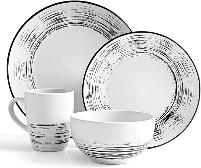 Homlouue 16 Pcs Stoneware Dinnerware Sets for 4, Porcelain Farmhouse Plates Bowls Mugs Set - Minimalist Chip Resistant Dish Set, Microwave & Dishwasher Safe in White and Black Thread