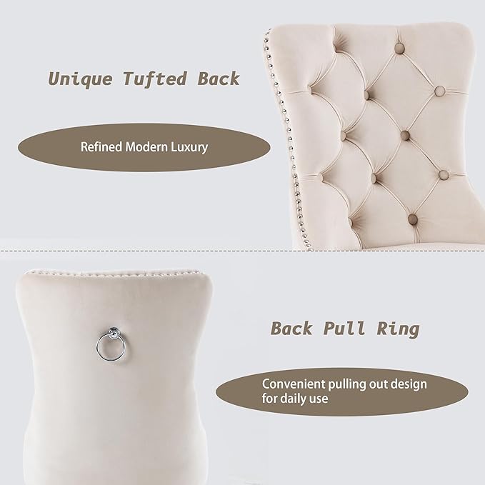 KCC Velvet Dining Chairs Set of 2, Upholstered High-end Tufted Dining Room Chair with Nailhead Back Ring Pull Trim Stainless Steel Legs, Contemporary Nikki Collection Modern Style for Kitchen, Beige