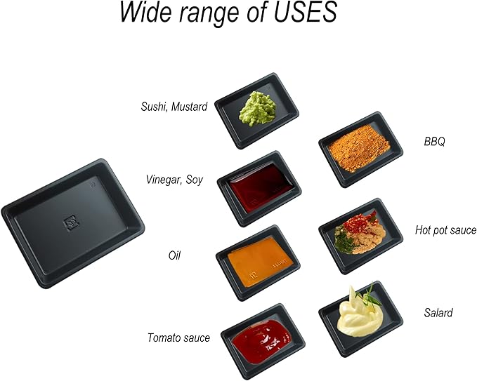 100 pcs Mini 2.95"x2.16" Dipping Sauce Dishes, Plastic Disposable Rectangular Black Soy Sauce Plate Set, Condiment Serving tray, Seasoning Platter, Appetizer Bowel -for Sushi Mustard Vinegar Soy BBQ