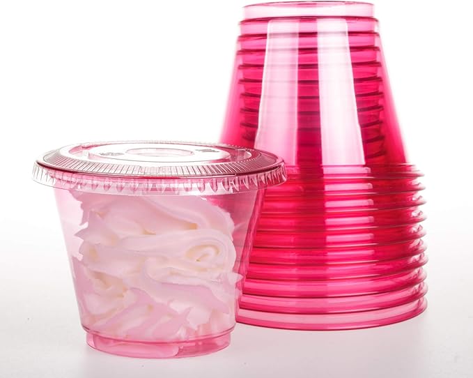 Golden Apple, 9oz-50sets Pink Red Plastic Cups with Clear Flat no Hole lids…