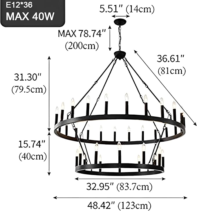 48 Inch Large Black Wagon Wheel Chandelier,2 Tier 36-Lights Farmhouse Industrial Country Style Round Pendant Light Fixture for Outdoor Porch high Ceilings Living Dining Room Foyer Entryway