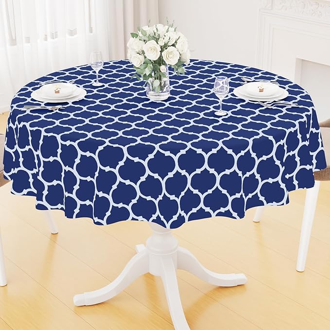 Smiry Round Plastic Table Cloth, Waterproof Vinyl Tablecloth with Flannel Backing for Round Tables, Wipeable Spillproof Tablecloths for Dining, Camping, Indoor and Outdoor (60" Round, Navy)