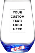 DISCOUNT PROMOS 10 Vaso Silicia Stemless Wine Glasses Set, 16 oz. - Personalized Text, Logo - Clear, Orb-Like, Thick base - Blue