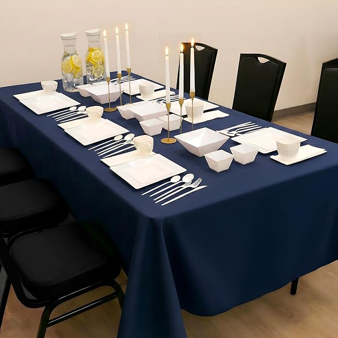 Navy Table Set for 6 with Tablecloth, White Square Dinner Plates, Bowls & Gold Candle Holders – Modern Navy & White Tablescape for Shabbat, Holidays, Dinner Parties & Events