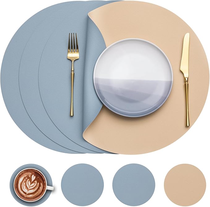Myir JUN Round Placemats Set of 4 Faux Leather Place Mats and Coasters 15 inch Round Table Mats Dual Sided Non-Slip Stain Resistant Placemats (Camel Yellow & Blue, Set of 4)