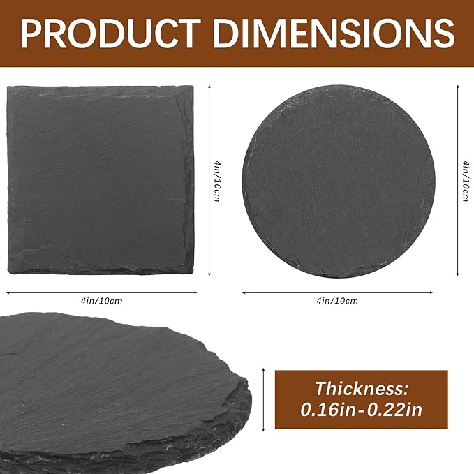 12pcs Slate Coasters, Black 4 Inch Bulk Blank Rock Coasters Blank Laser Engraving, Hand Painted DIY, Scratch Resistant Bottom (6*Square+6*Round)