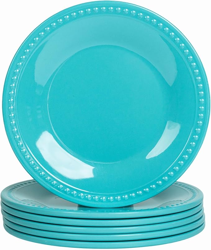 Melamine Beaded Dinner Plate Set of 6, 11inch, Aqua, BPA Free, Platter, Serving Dishes, Chip & Break Resistant, Lightweight, Durable, Great for Dining, BBQs, Picnics, Weddings & Everyday Meals