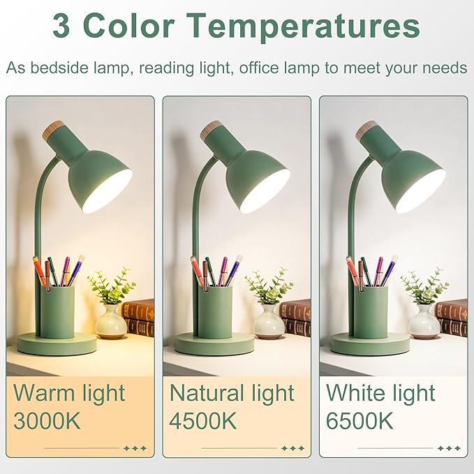 WLHONG LED Desk Lamp, Table Lamps with Pen Holder, 3 Color Modes Eye-Caring Reading Light with Flexible Gooseneck, Study Lamp for Kids Bedside Home Office Room College Dorm Essentials (Green)