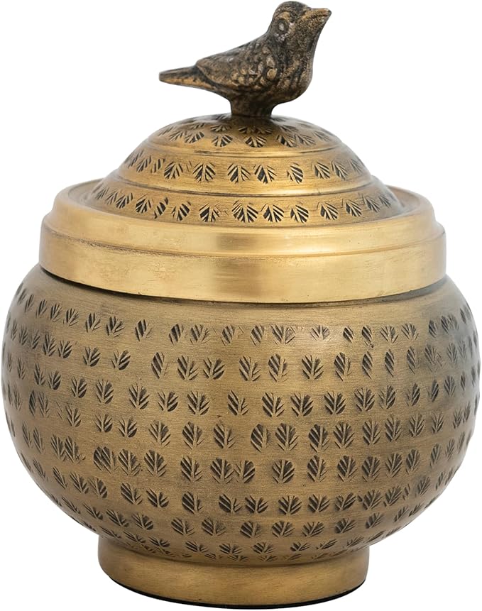 Round Hammered Metal Container with Bird Finial, Brass Finish