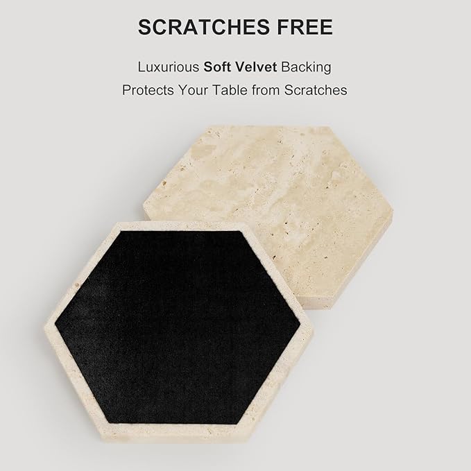 Travertine Coasters Set of 6 with Gold Holder, Hexagonal Rustic Beige Marble Drink Coasters for Coffee Table Decor, Porous Stone Absorbent Coaster for Drinks, Velvet Backed