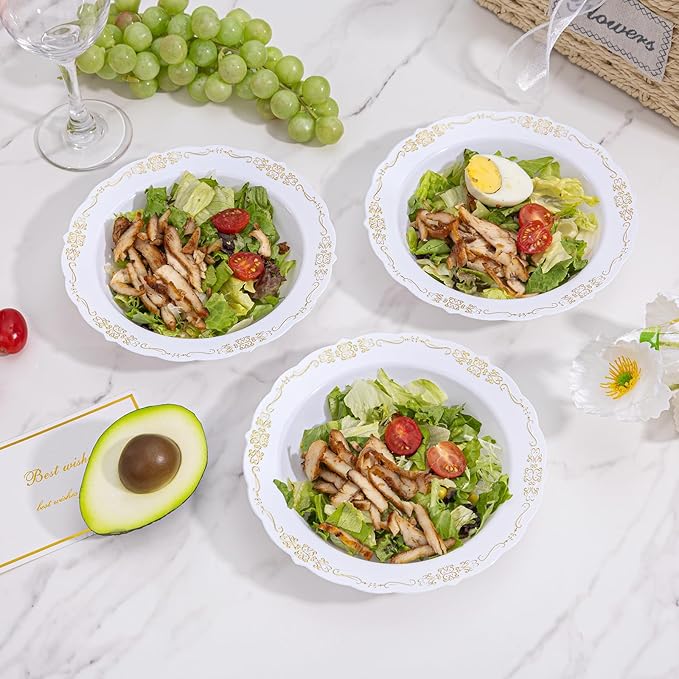 DaYammi 100 Pack Plastic Bowls with Gold Rim, 12oz Disposable Soup Bowls, Gold Plastic bowls Disposable Heavy Duty Dinner Bowl for Weddings, Plastic Serving Bowl for Parties, Catering and Everyday Use