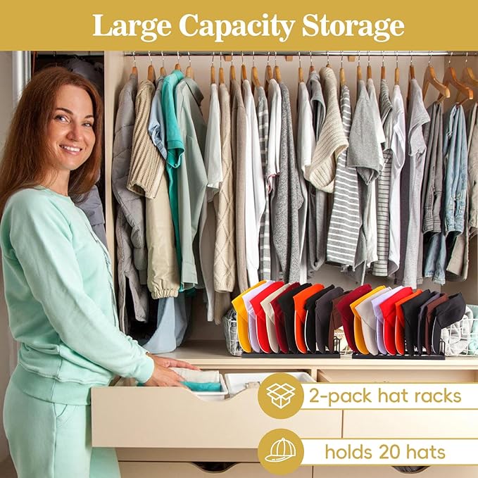 Hat Organizer for Baseball Caps Hat Rack Hat Storage Holder for 20 Baseball Caps, Tabletop Hat Rack Stand Display for Desk Closet Shelf Dresser 2 Pack