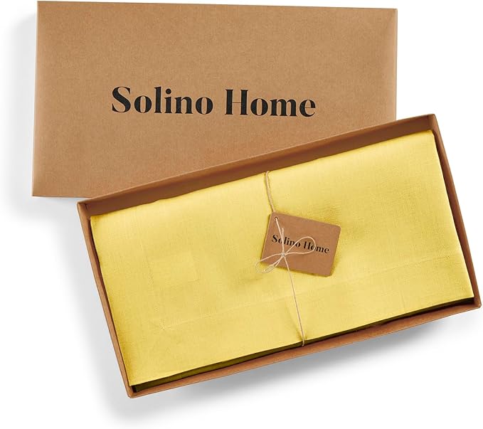 Solino Home Linen Square Tablecloth 52 x 52 Inch - 100% Pure Linen Sunshine Yellow Table Throw - Fete, Machine Washable Table Cloth for Spring, Easter