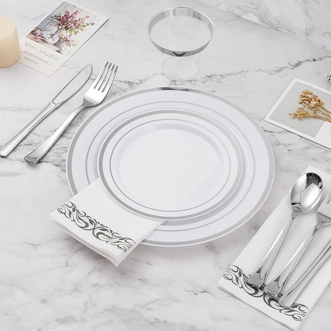 BESTVIP 50PCS 7 Inch Silver Plastic Plates, Disposable Salad Dessert Plate with Silver Rim for Christmas, Thanksgiving, Heavy Duty Disposable Plastic Plates for Parties, Wedding and Birthday, Events