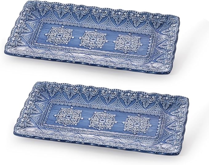 Sungmor Embossed Stoneware Fine Dining Dinnerware, Antique Baroque Style 14" Long Rectangular Porcelain Serving Platter Set of 2, Sophisticated Ceramic Dish for Party Cookies, Fruit, Cheeses & Dessert