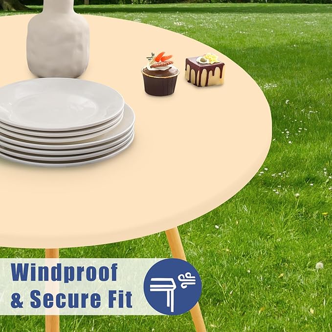 Round Spandex Tablecloth, Elastic Fitted Waterproof Tablecloths for 31"-35" Tables, Stretch Washable Picnic Table Cover for Camping, Dining, Indoor and Outdoor,Ivory