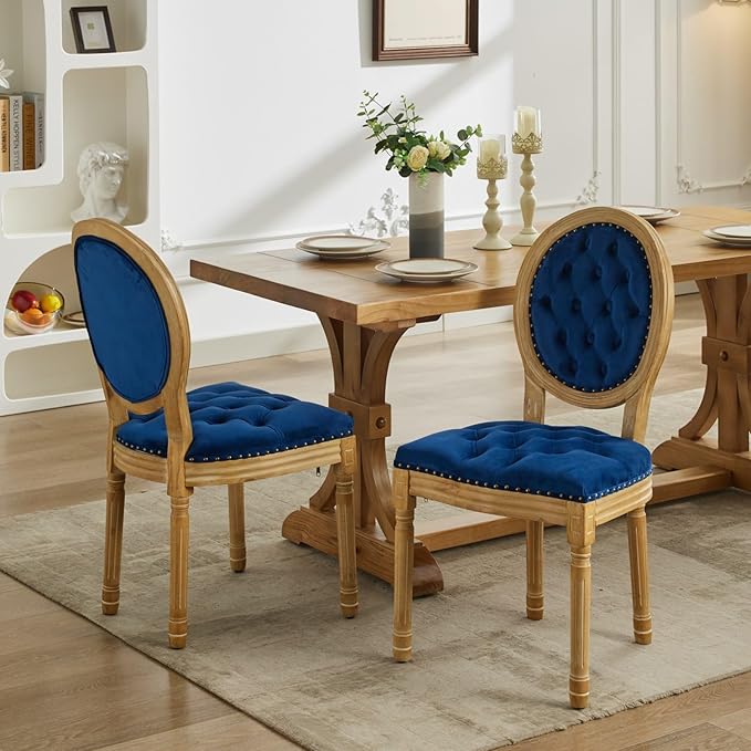 Ball & Cast French Vintage Upholstered Dining Chairs Set of 2, Button Tufted Kitchen Side-Chairs with Carved Antique Wood Frame & Nailhead Trims, 2-Piece Curved Backrest Louis Chair, Velvet Blue