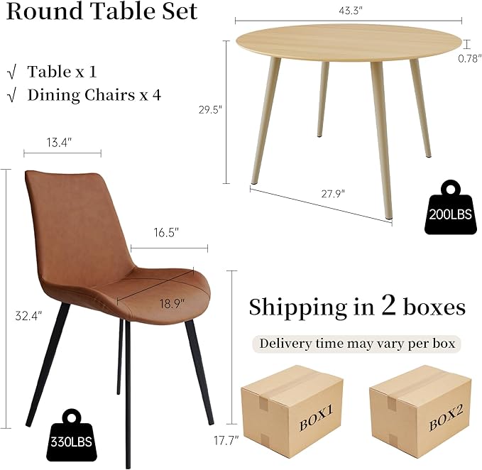 43.3 Inch Round Dining Table Set for 4, Modern Small Kitchen Coffee Set for Dining Room Kitchen Apartment (Cream Table + 4 Brown Chairs)