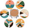 Boho Sunset Sunrise Mountain Set of 6 Coasters for Drinks Absorbing Round Ceramic Stone Coaster with Cork Base,Tabletop Protection Mat for Mugs and Cups,Office,Kitchen