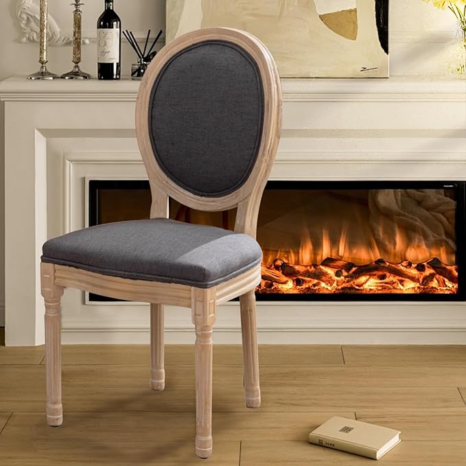 SoarFlash French Dining Chairs Set of 2, Vantage Dining Chair with Round Back, Wood Leg Farmhouse Country Dining Chair for Kitchen,Bedroom,Deep Grey