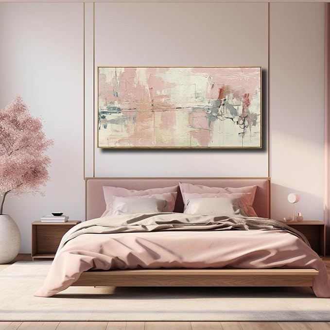 YJYart Living Room Decor Pink Canvas Wall Art 24"x 48"Abstract Wall Art White Canvas Picture Bedroom Decor Framed Artwork Large Paintings for Home Decor