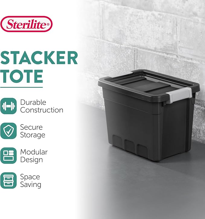 Sterilite 24-Pack Plastic Storage Bins with Lids, Stackable Containers, 7.5 Gallon, Black