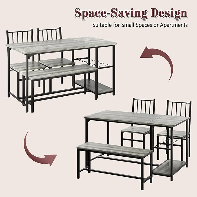 4 EVER WINNER Dining Room Table Set for 4, 55" Kitchen Table Set with Storage Shelf, Wine Rack & Wine Glasses Holder, Dining Table for 4 with Chairs and Bench for Dining Room, Kitchen, Grey