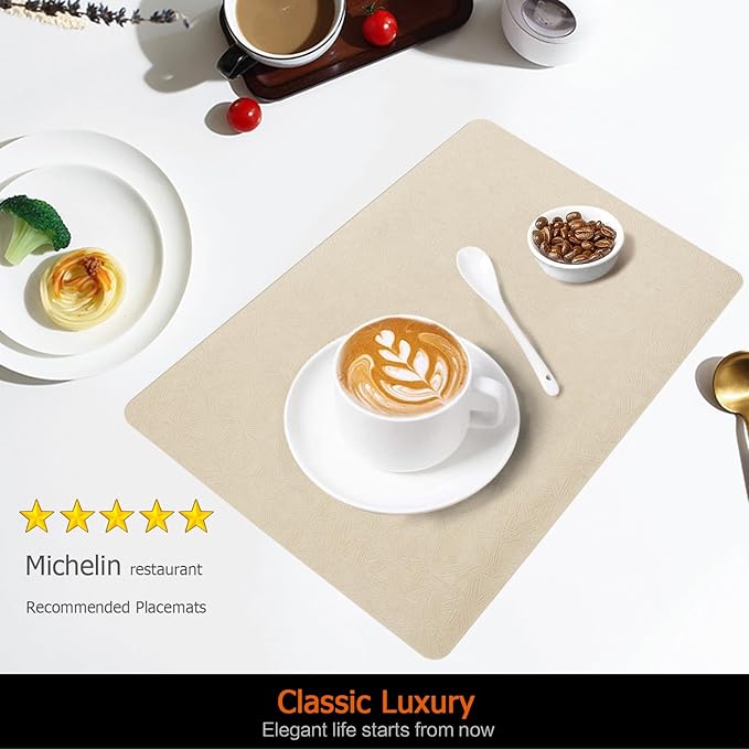 Vinyl Placemats Set of 8 Faux Leather 100% Waterproof Wipeable Washable Place Mats Heat Resistant Easy Clean Non-Slip Table Mats for Indoor Outdoor. (8,Beige)