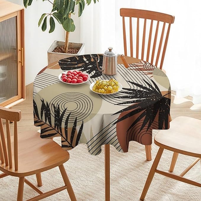 Boho Medieval Abstract Leaves Round Tablecloth, Mid Century Modern Bohemian Style Print Tablecloth for Home Party Dining Room Kitchen Decor 70Inch(178cm)