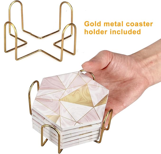 6 Pack Pink Marble Coasters with Holder Gold Absorbent Drink Unique Coaster Cute Ceramic Table Coaster Set Funny Kitchen Accessories Decorative Bar Coster Modern Coffee Table Decor Cup Coasters