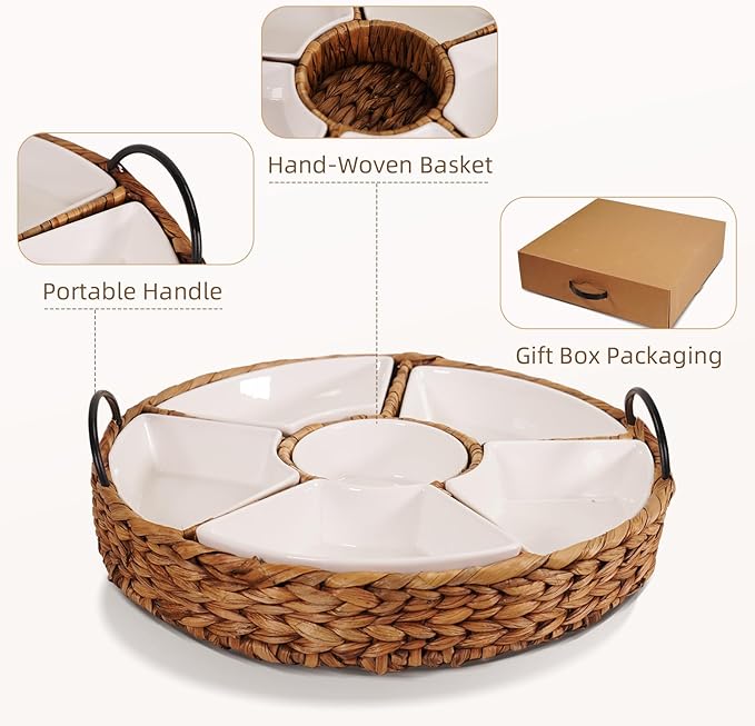 Serving Tray and Platters, 7-Set Gold Platters for Parties, 15.5 x 15.5 inches, Divided Serving Trays & Portable Handle for Home Dining, Gift Box Packaging.