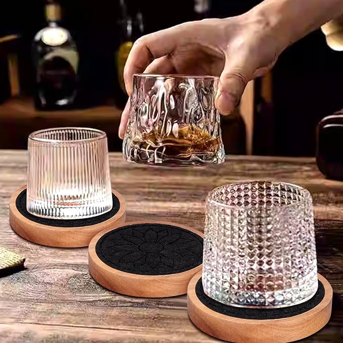 5 Pcs Best Wooden Coasters Non-Slip, Non-Stick, 4 Inches Black - Gtencemen Acacia Wood Coaster Set Absorbent Coasters for Drinks, Coffee Bar, Kinds of Cups, Rustic Farmhouse, Dining Room Table Decor
