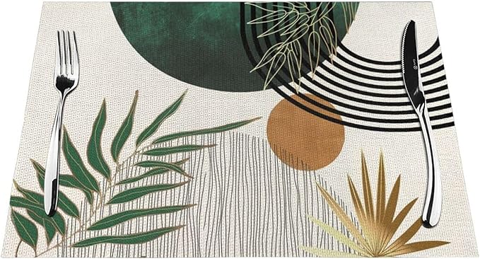 Mid Century Placemats 12x18 Inches Set of 4, Boho Green Gold Tropical Leaf Decorative Rectangle Table Mats for Party Home Kitchen Dining Table Decoration