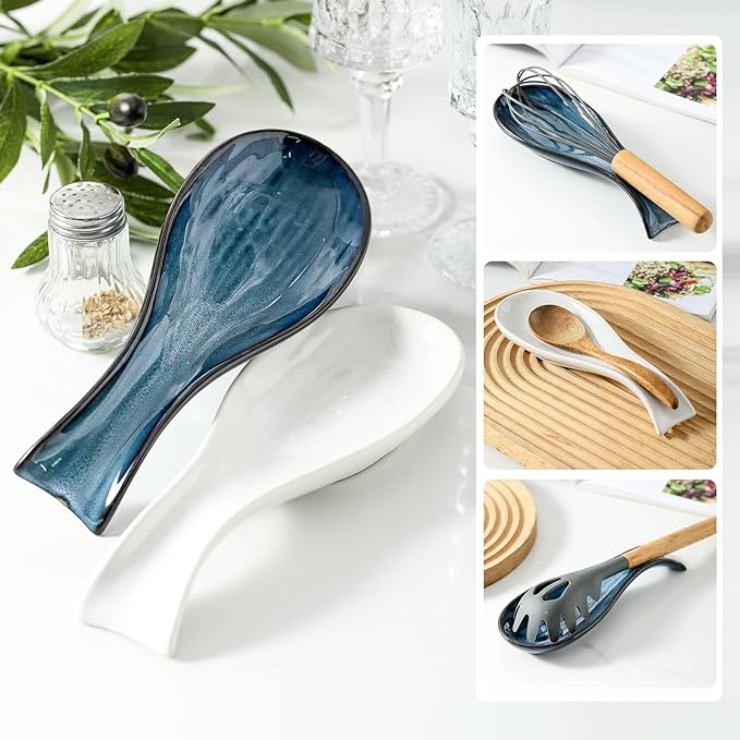 Ceramic Spoon Rest for Stove Top,Large 8.7 Inch Spoon Holder for Kitchen Counter,Porcelain Utensil Rest for Thankgiving and Christmas Gift,Dishwasher Safe and Heat-Resistant,White(1 PC)