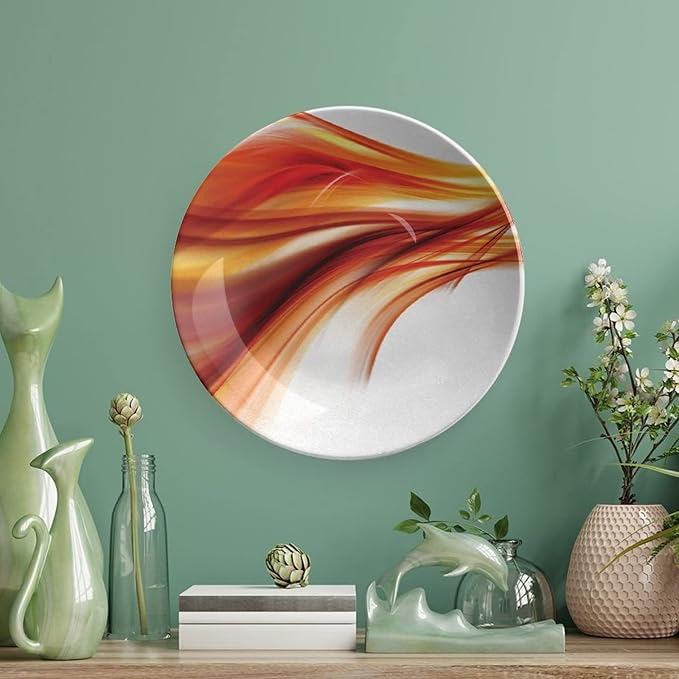 Ceramic Display Plate, Abstract Ceramic Hanging Decorative Plate, Modern Smooth Lines Blurred Smock Art, 10 Inch, Living Room Kitchen Decoration Household, Orange Red