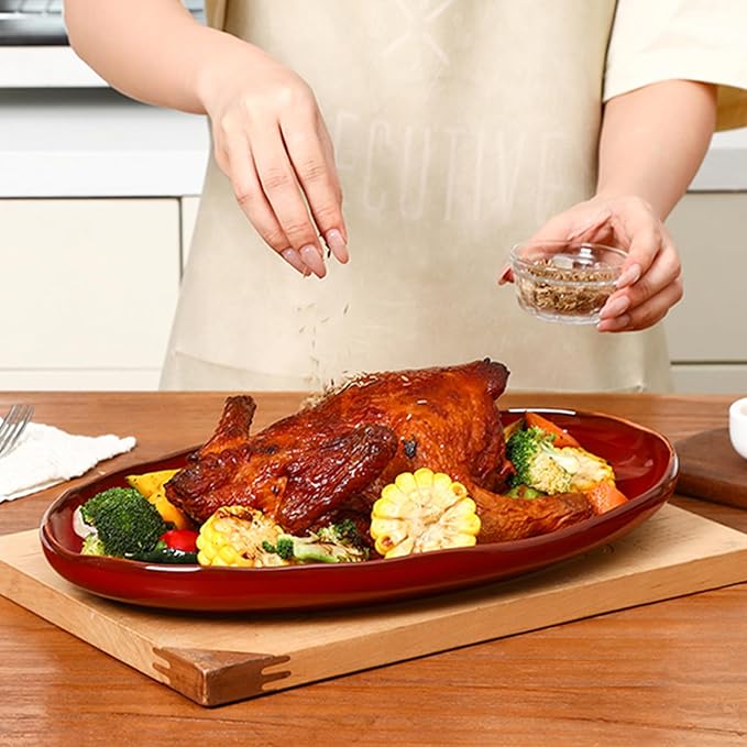 vicrays Ceramic Serving Platter Tray - Extra Large Oval 14.5 Inch Porcelain Dinner Plates Long Serving Dish Set - for Party Restaurant Food Meat Sushi Fish Turkey Platter - Cherry Red