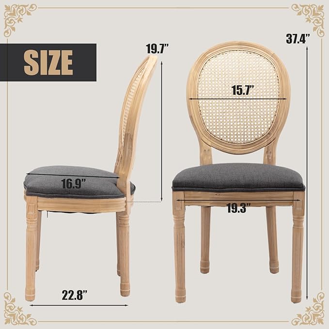 SoarFlash French Dining Chairs Set of 6, Vantage Dining Chair with Round Back, Farmhouse Country Rattan Dining Chair for Kitchen,Bedroom,Deep Grey