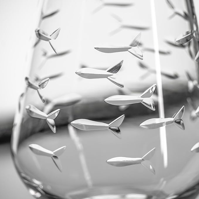 Rolf Glass | School of Fish Stemless Tumbler | 18oz Stemless Wine Glasses | Lead-Free Glass | Engraved and polished in Pennsylvania | US made (Set of 2)